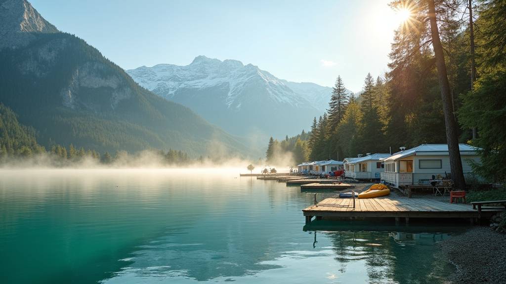 Famille profitant d'un emplacement de camping au bord du lac d'Annecy avec vue sur les montagnes