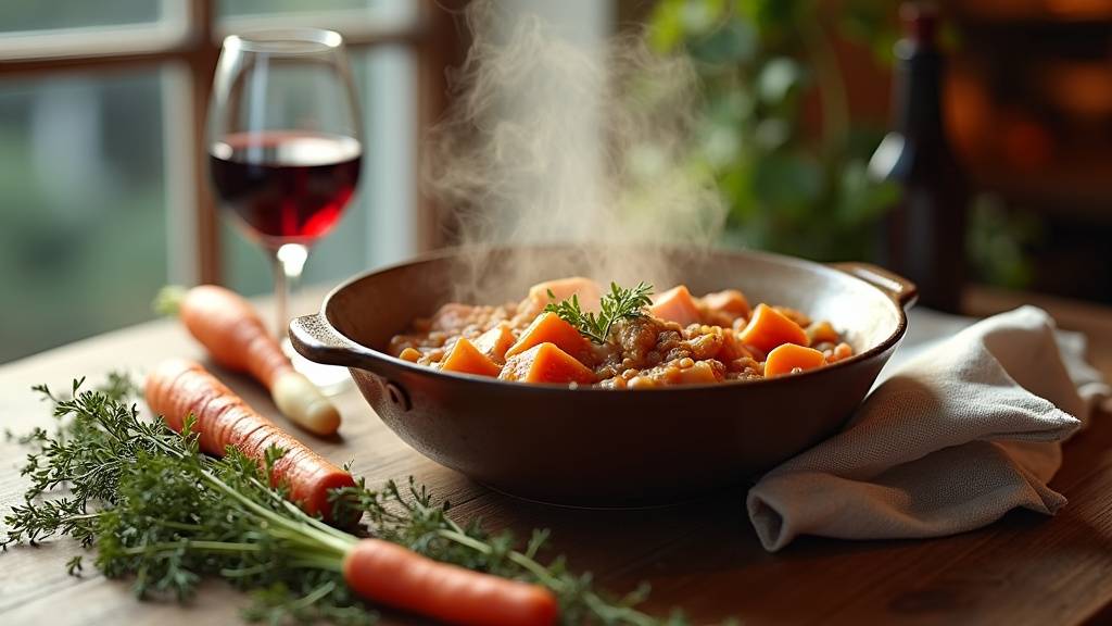 Ingredients frais poses sur un plan de travail en bois avec herbes aromatiques et ustensiles de cuisine
