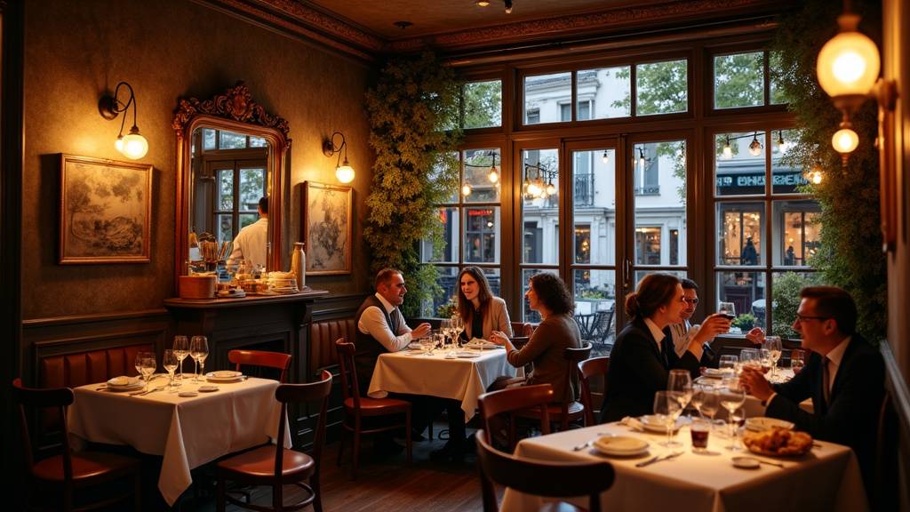 Tables dressées dans un restaurant chaleureux avec lumières tamisées