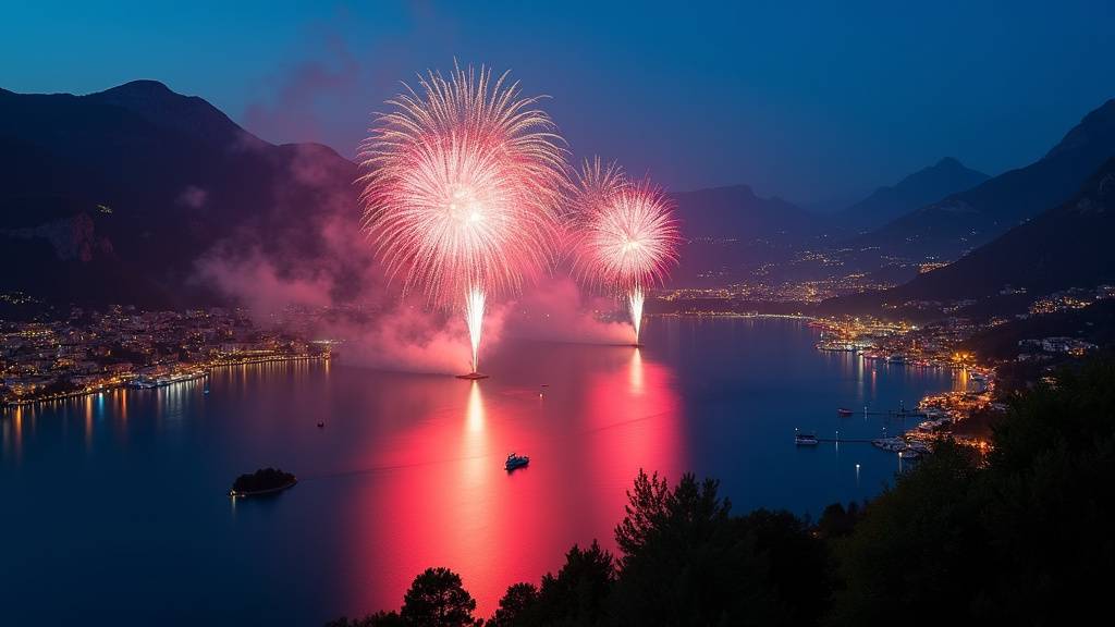 Maïk Darah lors du spectacle de la Fête du Lac d'Annecy, micro à la main dans un décor pyrotechnique
