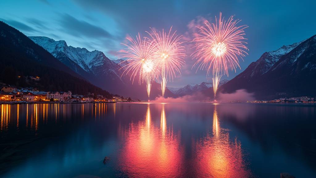 Vue aérienne d'Annecy le soir avec illuminations et reflets dans le lac