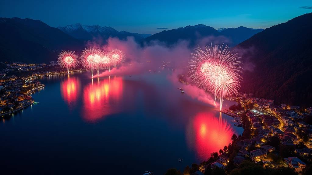 Feu d'artifice sur le lac d'Annecy avec reflets dans l'eau et foule admirative