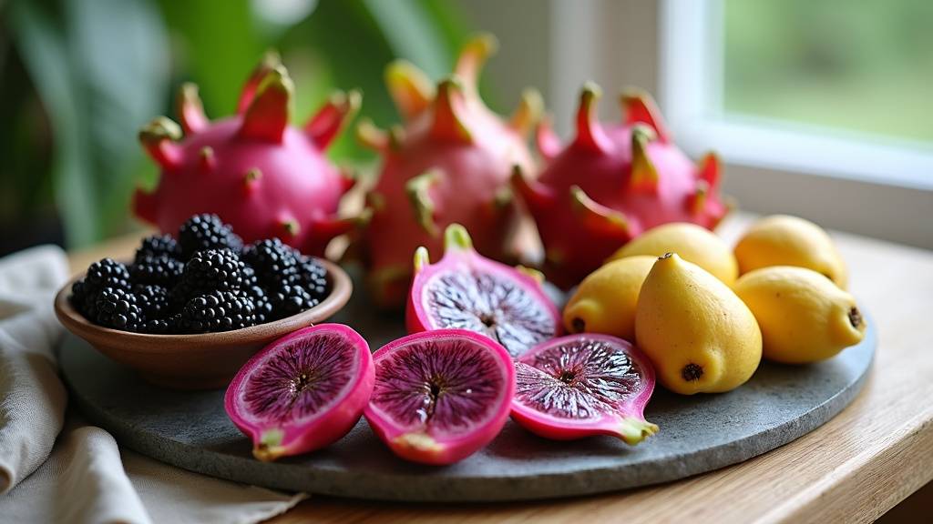 Assortiment coloré de fruits exotiques commençant par la lettre E