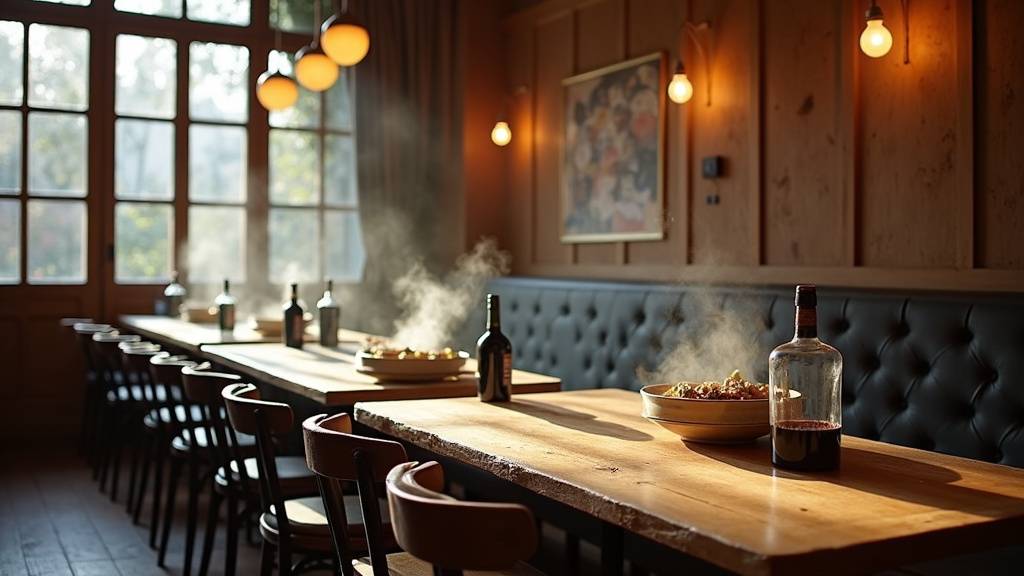 Salle de restaurant avec décor industriel, tables en bois et luminaires suspendus