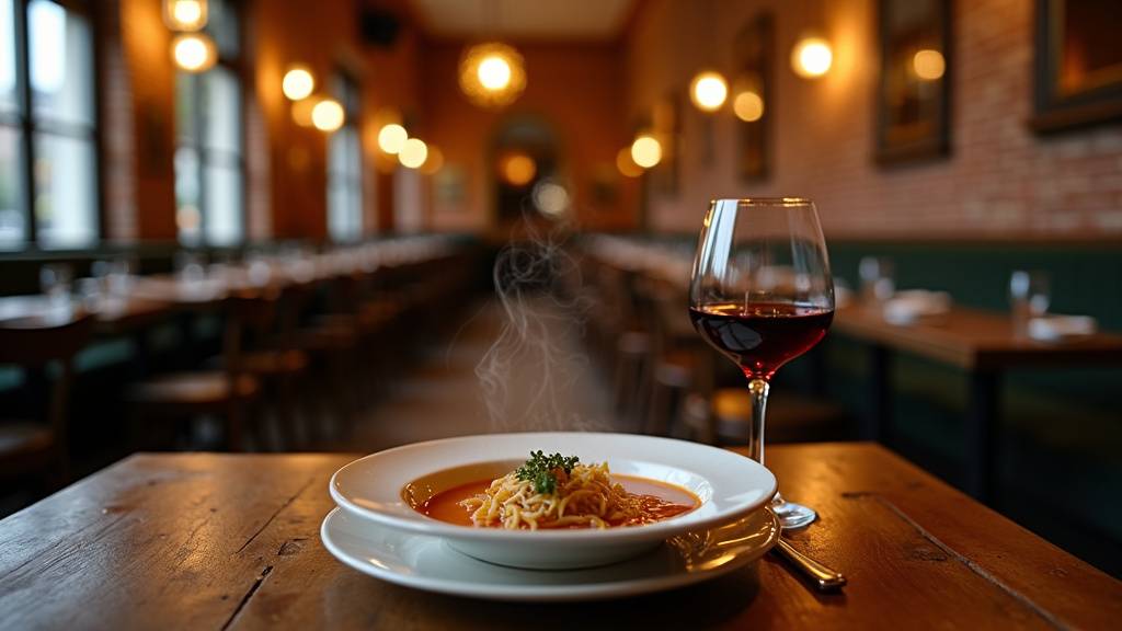 Comptoir en zinc patiné avec verres à vin et lumière ambrée