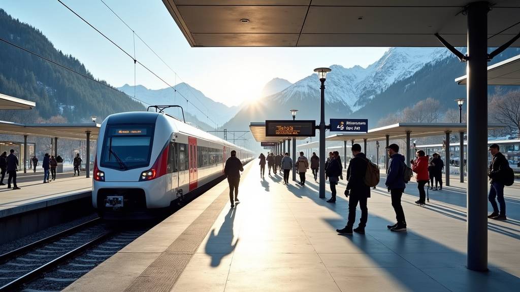 Gare d'Annecy en 2026 avec voyageurs et montagnes en arrière-plan