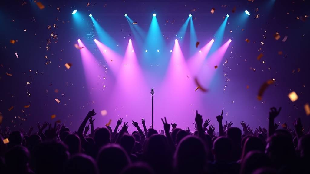 Gims sur scène lors d'un concert avec des projecteurs colorés