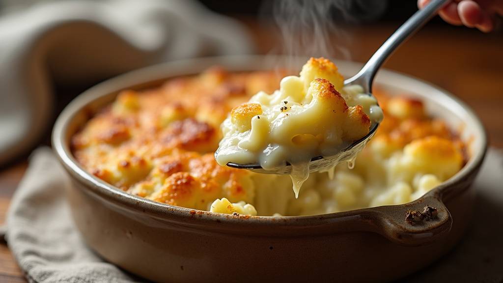 Gratin de chou-fleur servi dans une assiette avec une fourchette en porcelaine