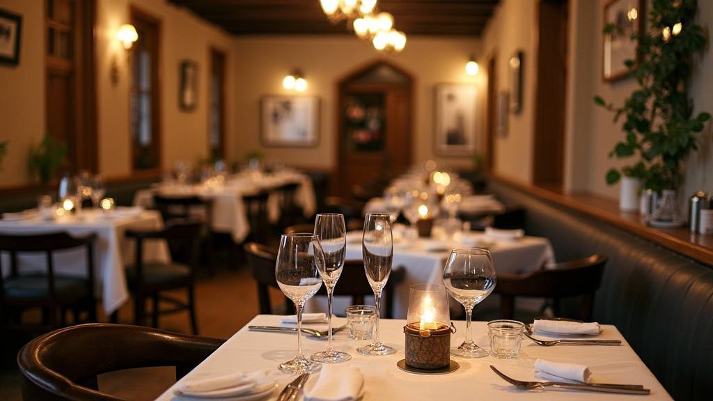 Table dressée dans un bistrot parisien chaleureux, verres de vin et plats du jour sur nappe blanche