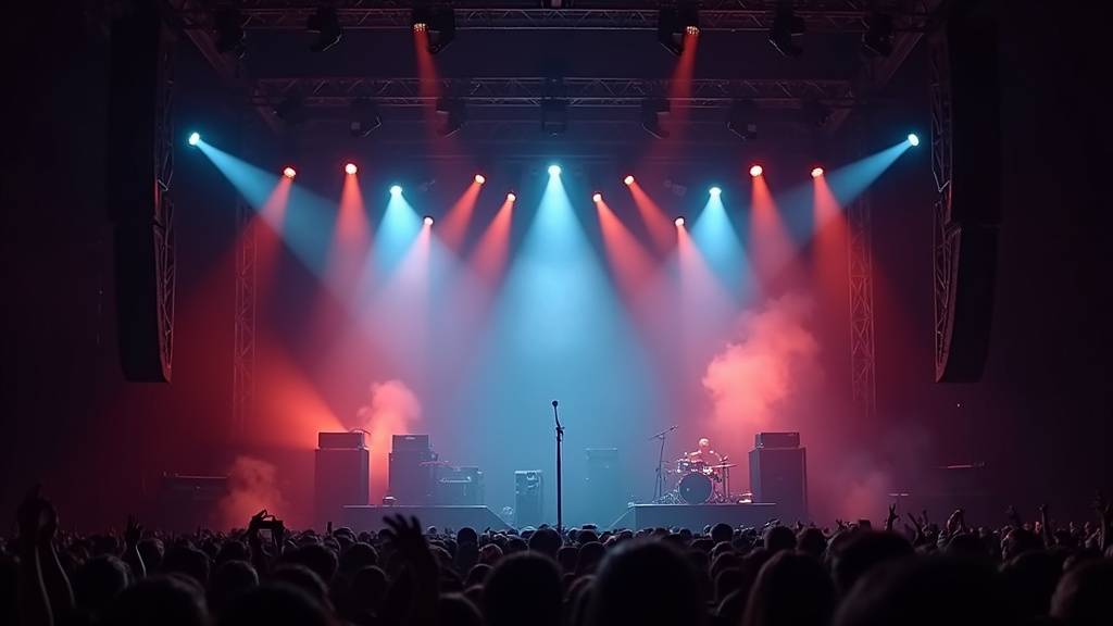 Nicolas Sirkis d'Indochine en pleine performance, micro à la main, face à un public enthousiaste