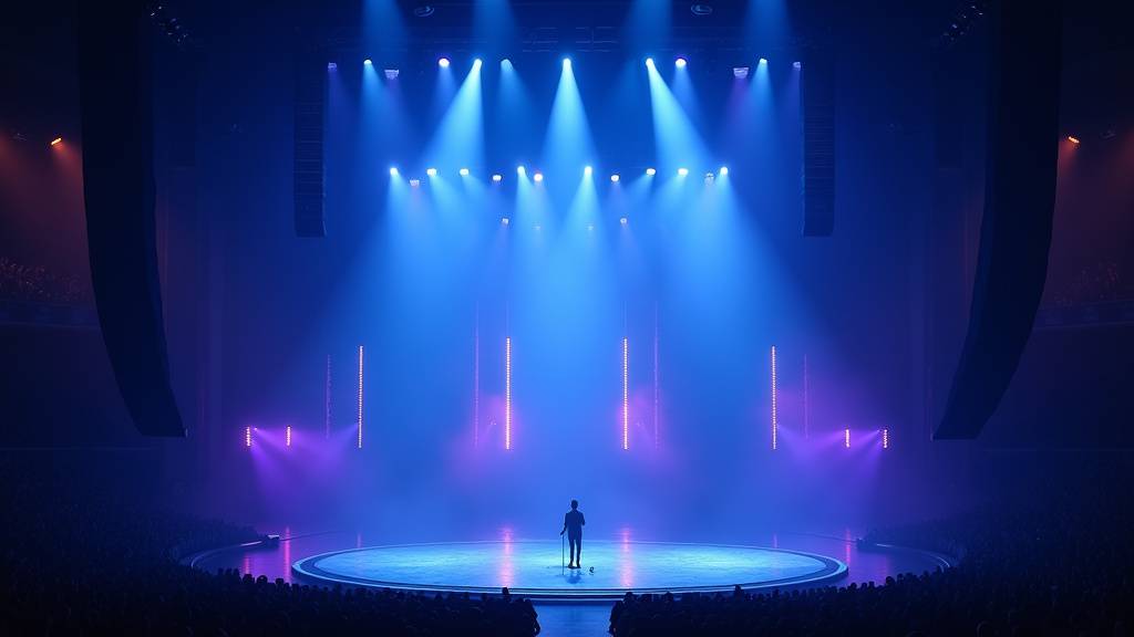 Scène illuminée d'un concert d'Indochine avec Nicolas Sirkis chantant devant la foule