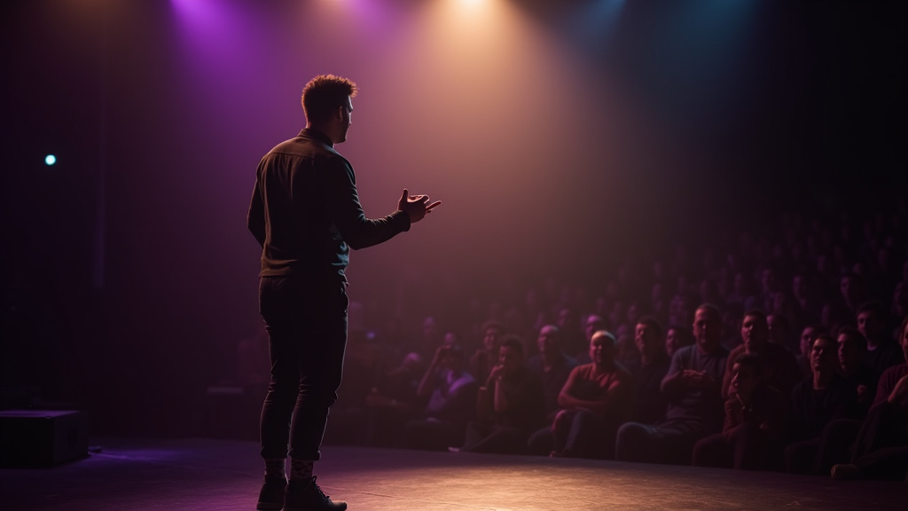 Scène de spectacle de Jarry avec le public en train de rire
