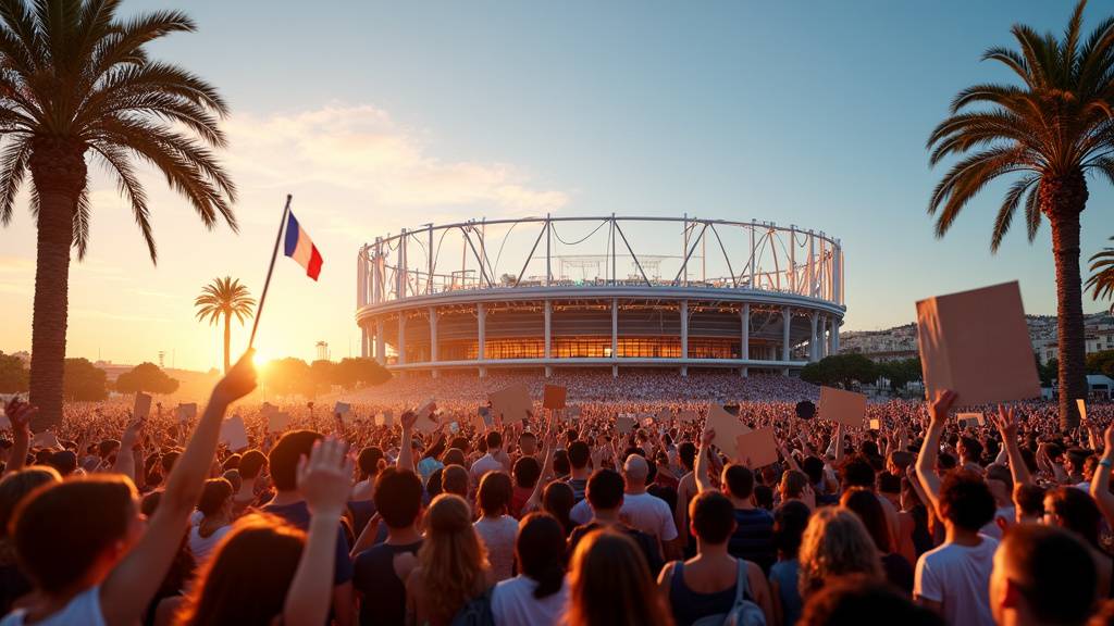 Public en délire lors d'un concert de Jul, mains levées et lumières colorées