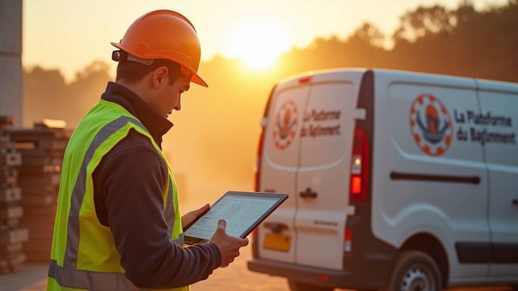 Plateforme du Bâtiment avec camion de livraison et ouvriers