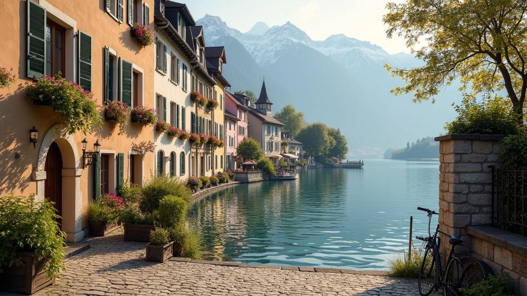 Vue panoramique du lac d'Annecy avec la ville au coucher du soleil