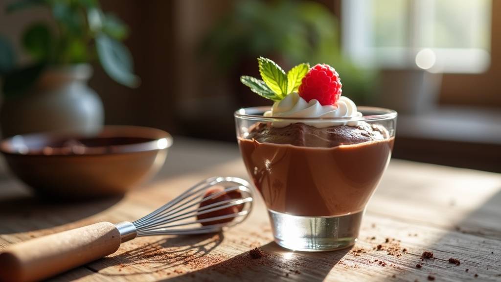 Mousse au chocolat servie avec des framboises et une chantilly maison