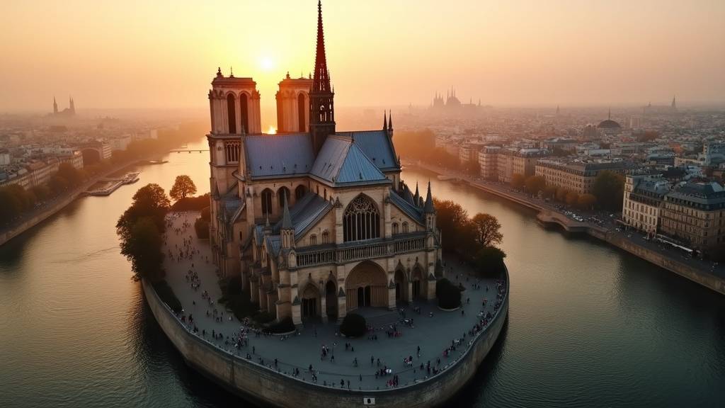 Vue d'artiste de la construction de Notre-Dame au Moyen Âge avec les échafaudages et les artisans au travail