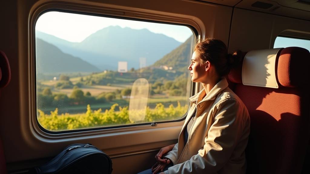 Train TER régional en gare avec paysage de montagne en arrière-plan