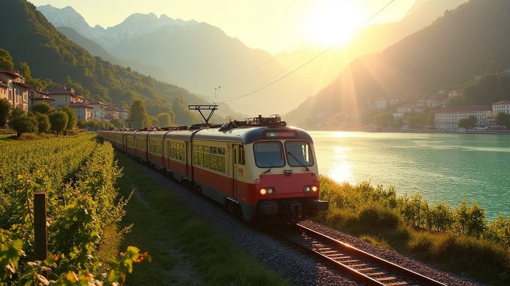 Vue du lac d'Annecy depuis la gare avec train TGV au loin
