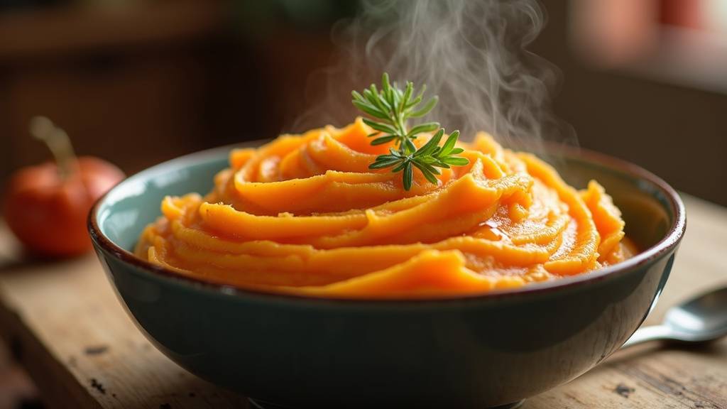 Assiette de purée de patate douce avec garniture de persil frais et graines de courge