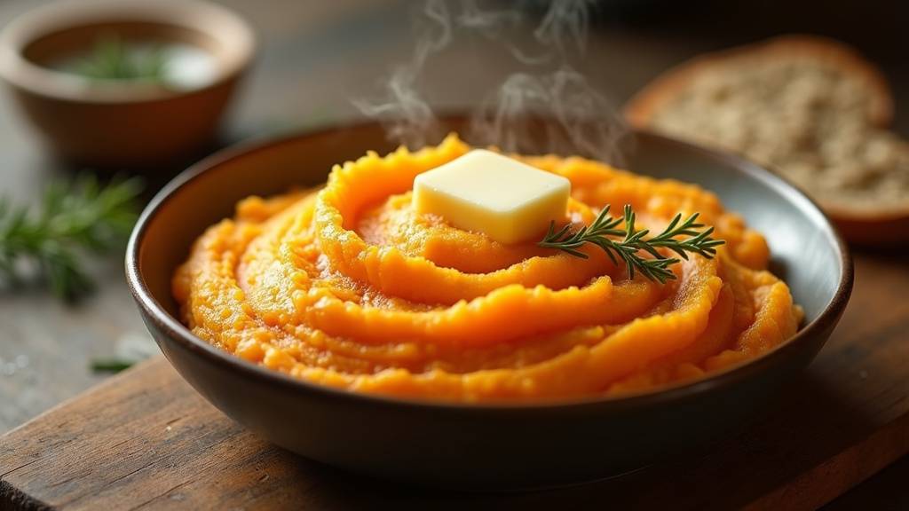 Différentes variantes de purée de patate douce avec épices et herbes aromatiques