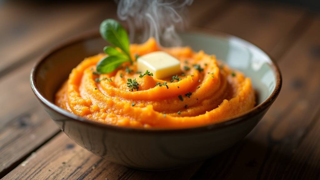 Purée de patate douce onctueuse dans un bol en terre cuite avec herbes fraîches