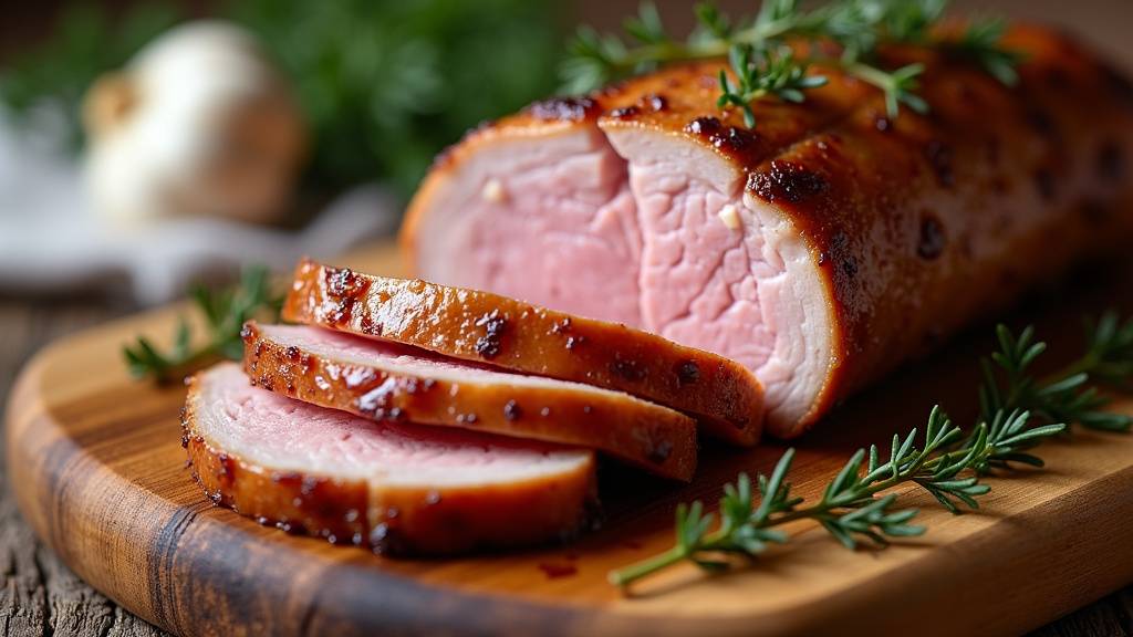 Filet mignon de porc cru sur une planche en bois avec sel, poivre et herbes aromatiques