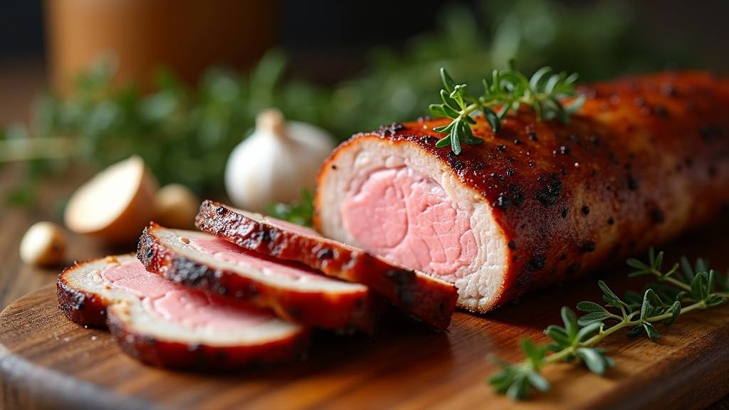 Filet mignon de porc en croûte dorée sortant du four avec herbes aromatiques