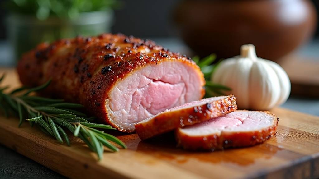 Filet mignon de porc juteux tranché sur une planche en bois avec herbes aromatiques
