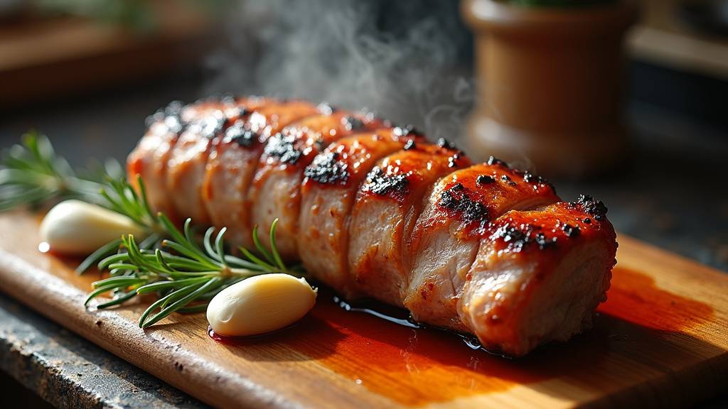 Rôti de porc assaisonné avec de l'ail et des herbes aromatiques