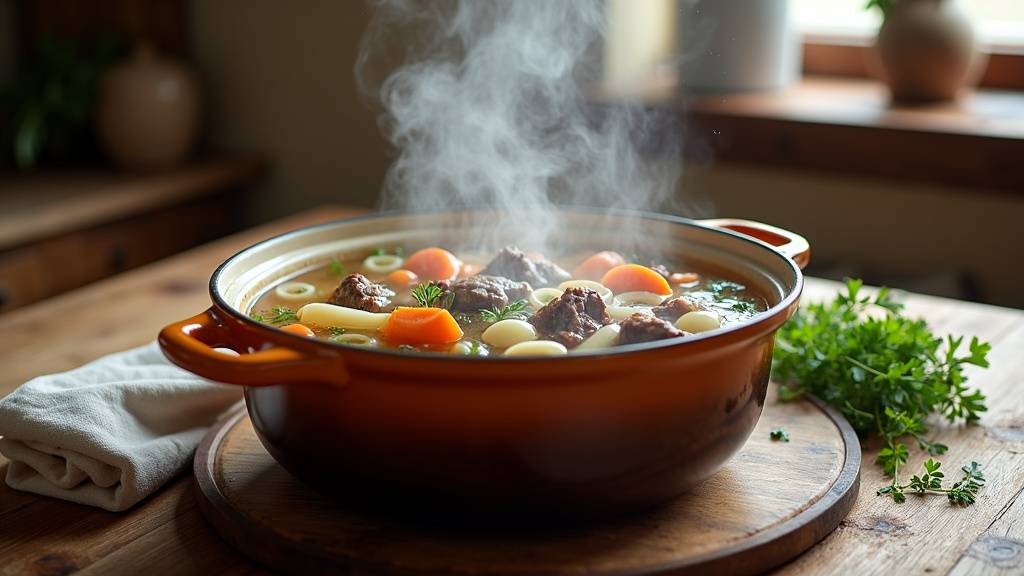 Service de pot-au-feu avec viande tranchée, légumes et bols de bouillon