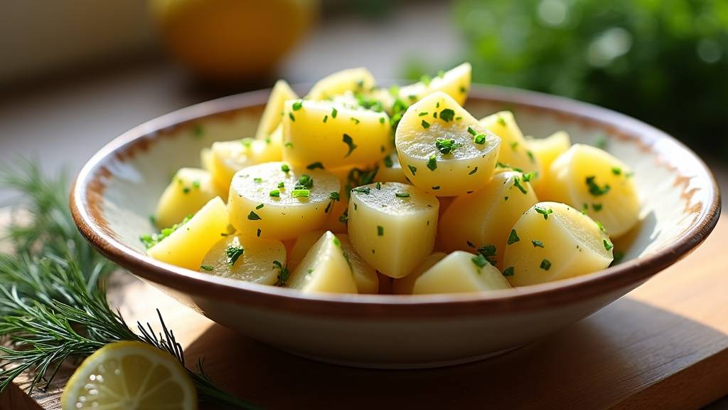 Salade de pommes de terre prête à être servie dans un grand plat