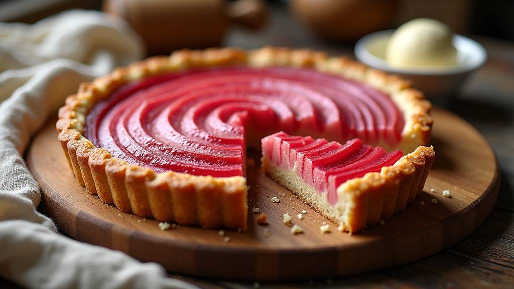 Tiges de rhubarbe roses et rouges sur un plan de travail de cuisine