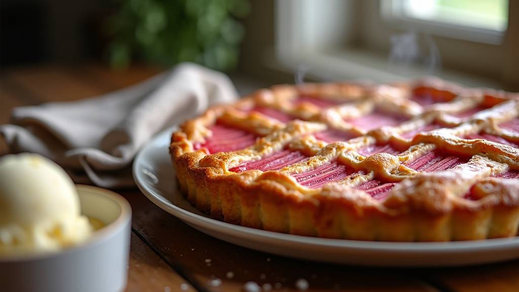 Tarte à la rhubarbe coupée en parts avec une boule de glace vanille à côté