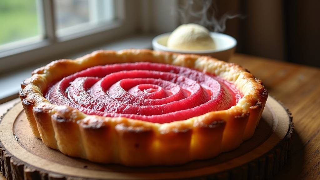 Tarte à la rhubarbe bien dorée sortant du four avec une belle texture croustillante