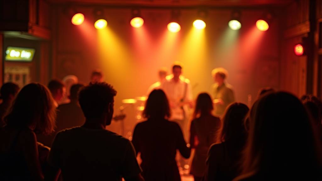 Intérieur d'un petit club de musique intimiste avec scène en bois