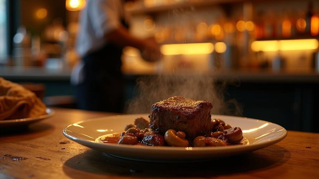Intérieur chaleureux du Zinc des Faubourgs avec comptoir en zinc et lumière dorée